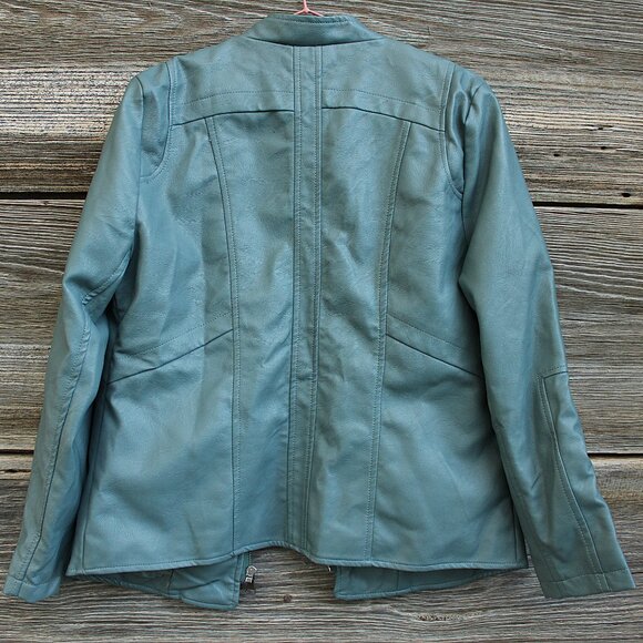 'Signature Studio' faux leather teal band collar zippered sleek jacket - Picture 4 of 7